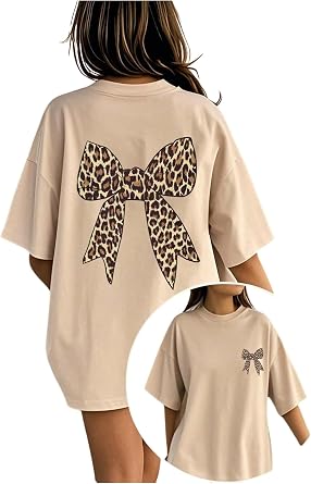 RoseSeek Girls Leopard Bow Graphic Tees Preppy Baggy T Shirt Summer Tops
