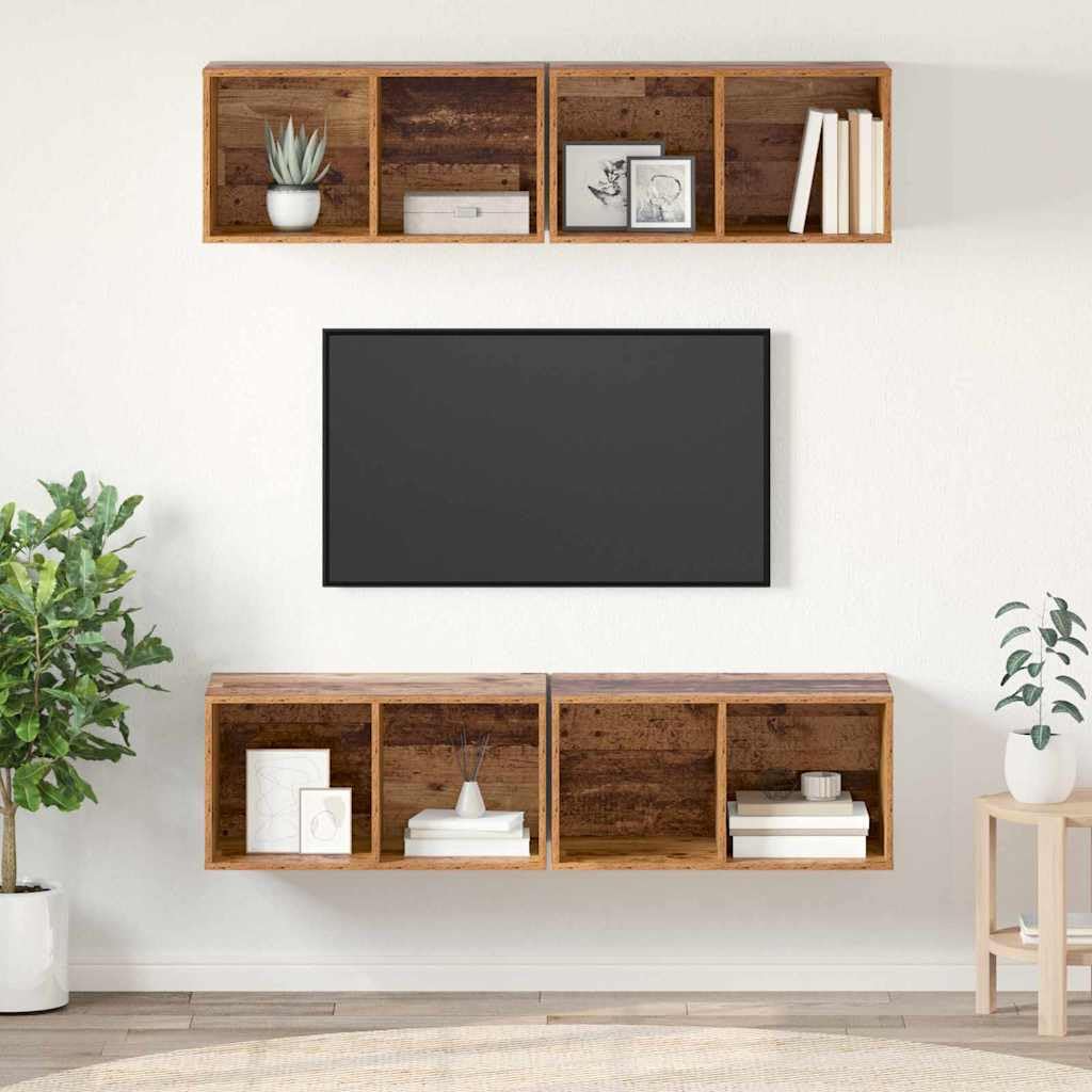 TV-Schrankset Altholz Optik, 4-teilig, 37x37x72 cm, Holzwerkstoff, Wandmontage, Media Center für Wohnzimmer, Schlafzimmer