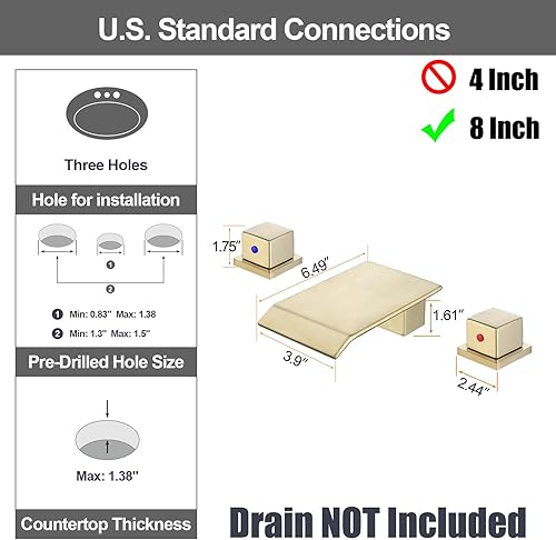 Vista 4 de Grifo de lavabo de baño de 8 pulgadas, grifo de baño generalizado de 3 agujeros, cascada de baño, grifo mezclador de lavabo de doble manija, grifo