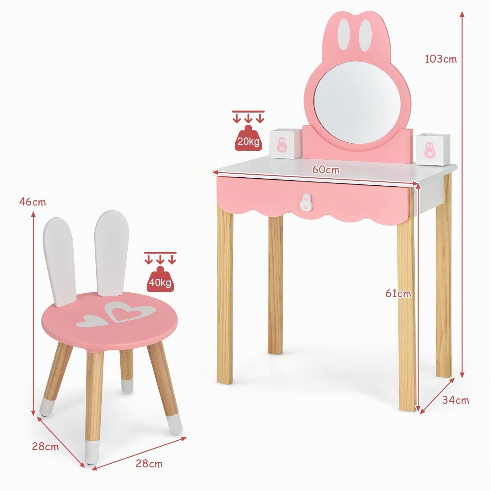 RELAX4LIFE 2 in 1 Toeletta Trucco Bambina con Sgabello, Scrivania con Specchio Rotondo Rimovibile, Cassetto con Manopola e 2 Organizer Porta Trucchi/Penne (Rosa)