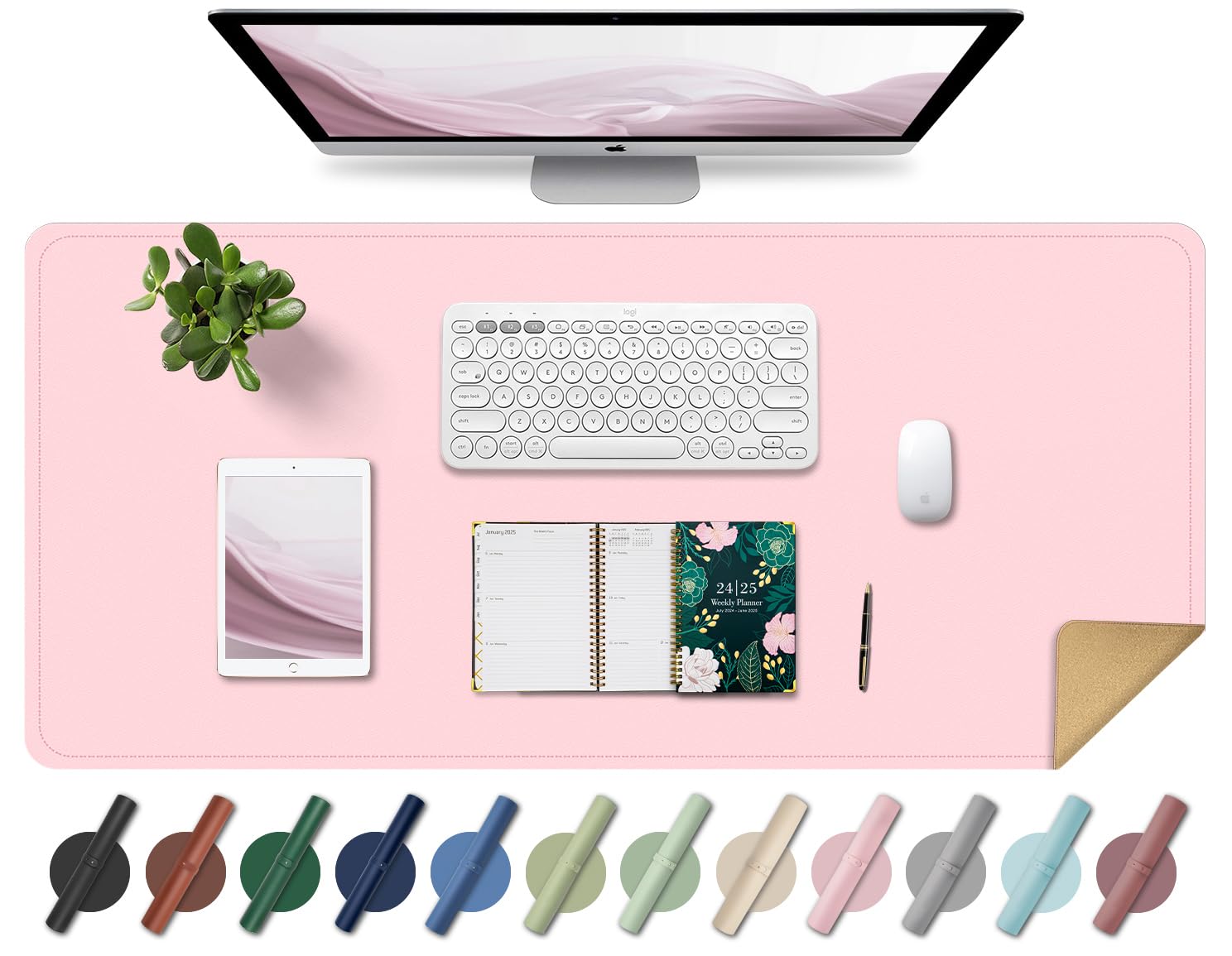 BLESWIN Leather Desk Pad Protector, Non-Slip PU Leather Desk Blotter, Waterproof Writing Desk Computer Mat Desktop Protector for Office Home, 35.4" x 17", Pink