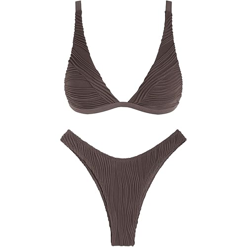 ZAFUL Bikini Sets for Women Triangle Textured Plunging High Cut Cheeky Bikini Swimsuits Two Piece Bathing Suits