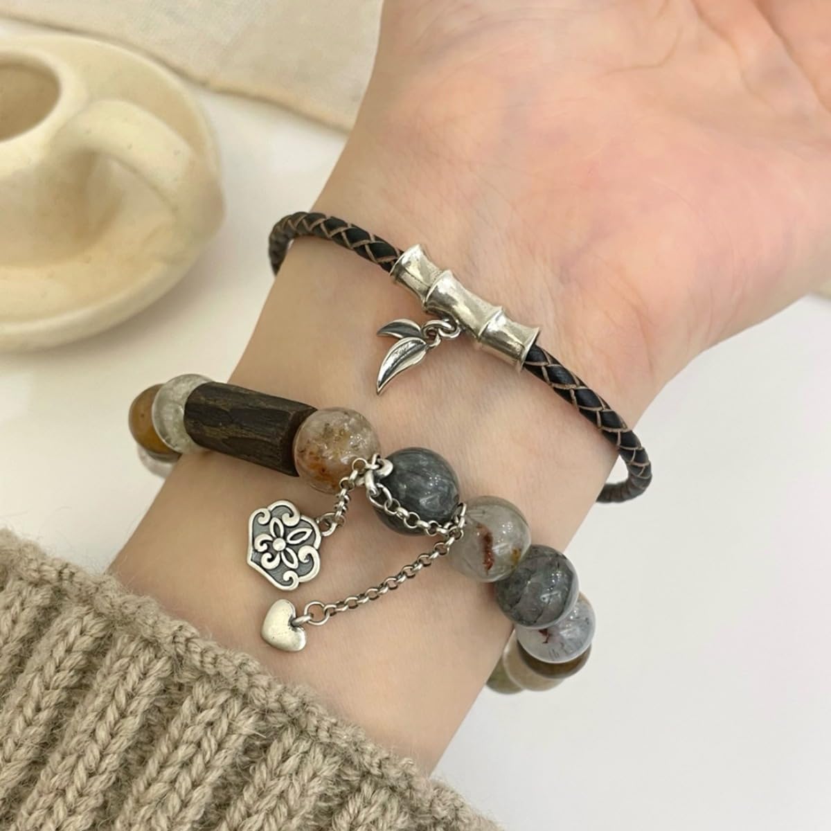 Generisch Armband Aus Sterlingsilber Und Bambus Für Damen, Natursteinarmband Mit Lotusquaste, Echtlederarmband, Vintage Glücksschmuck, Geschenkidee Für Damen Und Herren