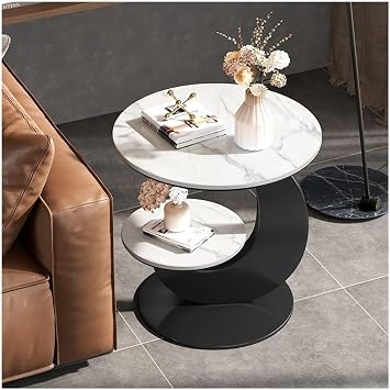 Luxury Marble Side Table, 2-Tier Round Coffee Table Bedside Table Sofa Side Corner End Table Accent Coffee Cocktail Snack Table Nightstand Home & Office Color Black, Size White