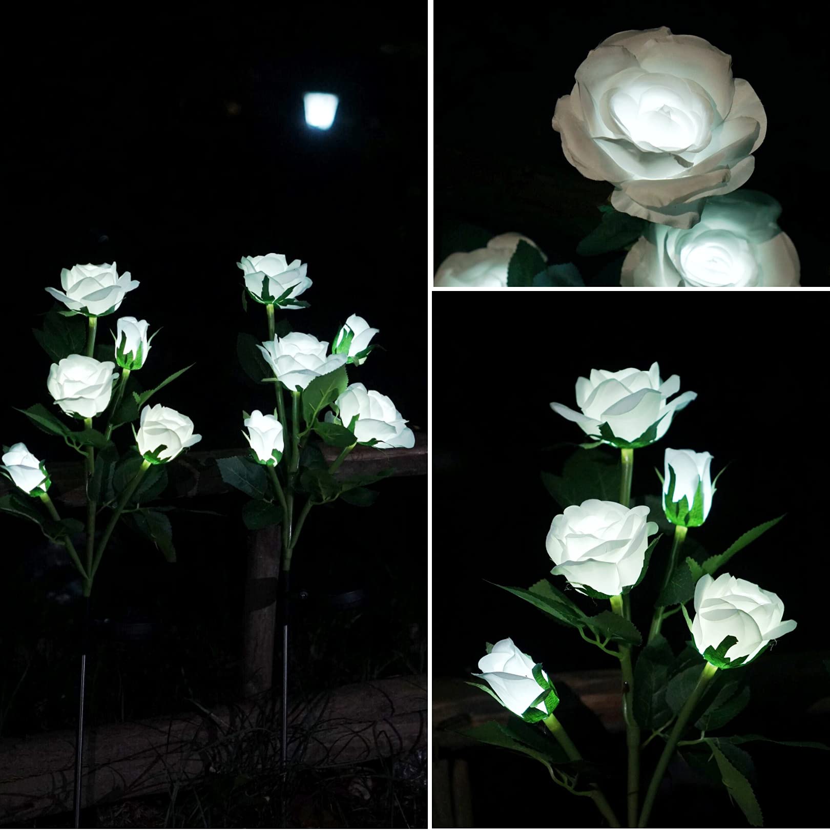Solar-Gartenlichter, 2 Stück, realistische Solar-Outdoor-Blumenlichter, wasserdichte LED-Erdspieß, Landschaft, dekorative Lichter mit 5 Rosen für Garten, Rasen, Terrasse, Hinterhof (weiß)