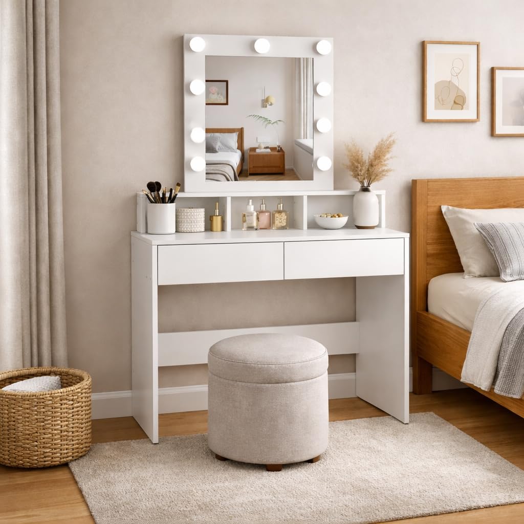 Tocador de maquillaje con Luz | Mueble tocador con Espejo 2 cajones y estantes de almacenamiento | Mesa de maquillaje moderno blanco para dormitorio, cómoda organizadora cosméticos y joyas