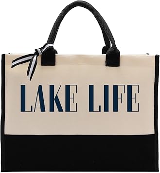 EDCTO Canvas Tote Bag, Cotton Canvas Tote Bag, Lake Trip Bag, Birthday Gifts for Women Friend Her, Canvas Tote Bags for Lake Life Lover, Canvas Beach Tote for Boating Weekend Holiday Overnight Travel