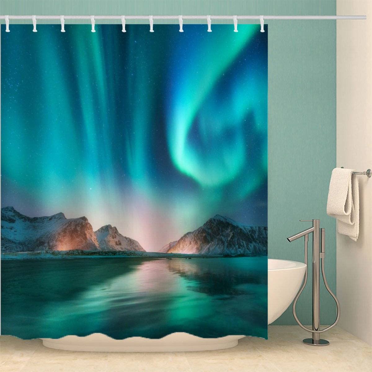 RFFLUX 3D Winter Polarlicht Polyester Duschvorhang Anti Schimmel 180 x 180 cm mit 12 Haken Ozean Duschvorhänge Anti-Bakteriell Waschbar Wasserdicht Hochwertige Badvorhänge für Badezimmer