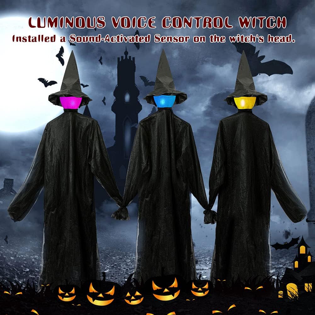 YOYOSO Halloween Decorations Holding Hands Witch, Sound-Activated Sensor Light-UP Witches with Stakes,Waterproof Life Size Scary Halloween Decorations for Outside Yard Lawn Garden Party Set of 3