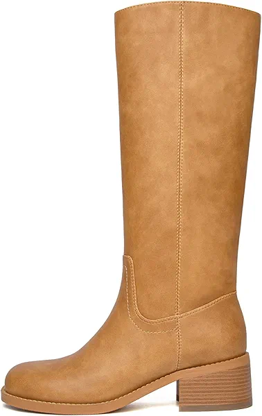 SUIARA Knee High Boots Women Square Toe Chunky Block Heel Banana Campus Boot Wide Calf Comfortable Low Heel Riding Long Boots