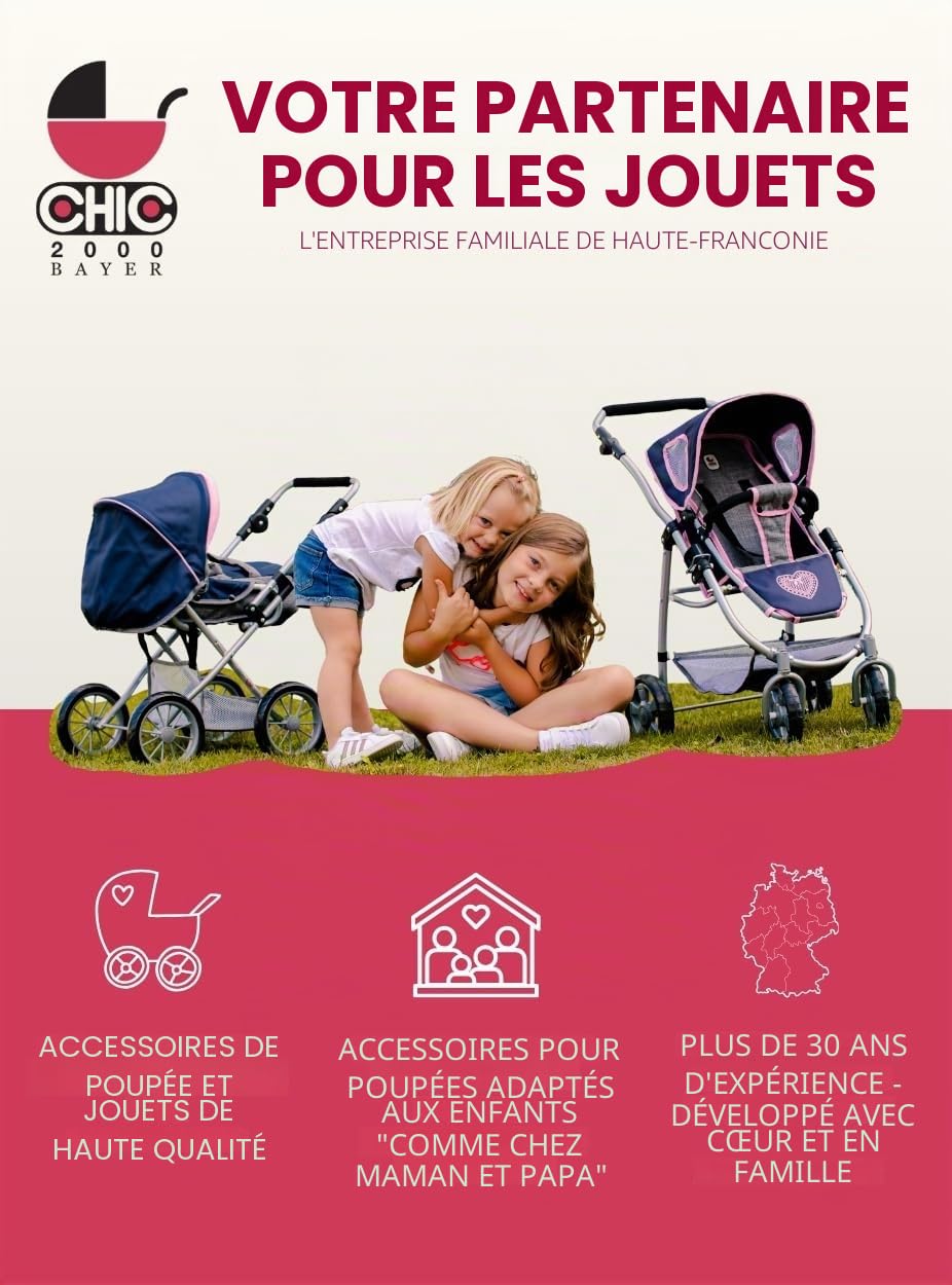 Bayer Chic 2000 Poussette en Bois pour poupées jusqu'à 54 cm, Landau en Bois, Hauteur coulissante 43 cm, Gris Puntos