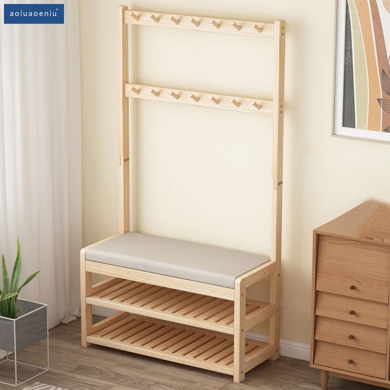 Zapatero de Entrada de Madera con Ganchos y Base sólida. Perchero Independiente y Resistente para Oficina, Entrada o Pasillo. Medidas: 60, 70 y 80 cm.
