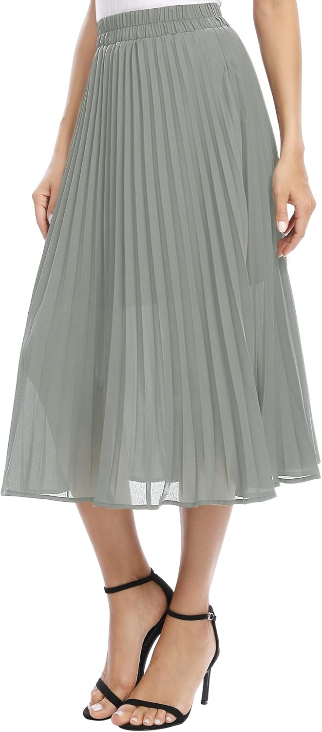 EXCHIC Women's Casual Chiffon Elastic Waist A-Line Pleated Midi Skirt with Pockets - Image 5
