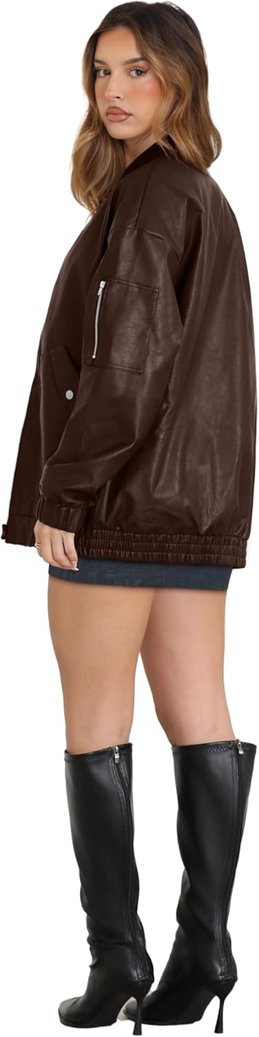 XIEERDUO Faux Leather Jacket Women Oversized Motorcycle Bomber Coats Zip Up Sleeve Pocket 2025 Fall Winter Clothes - Image 5