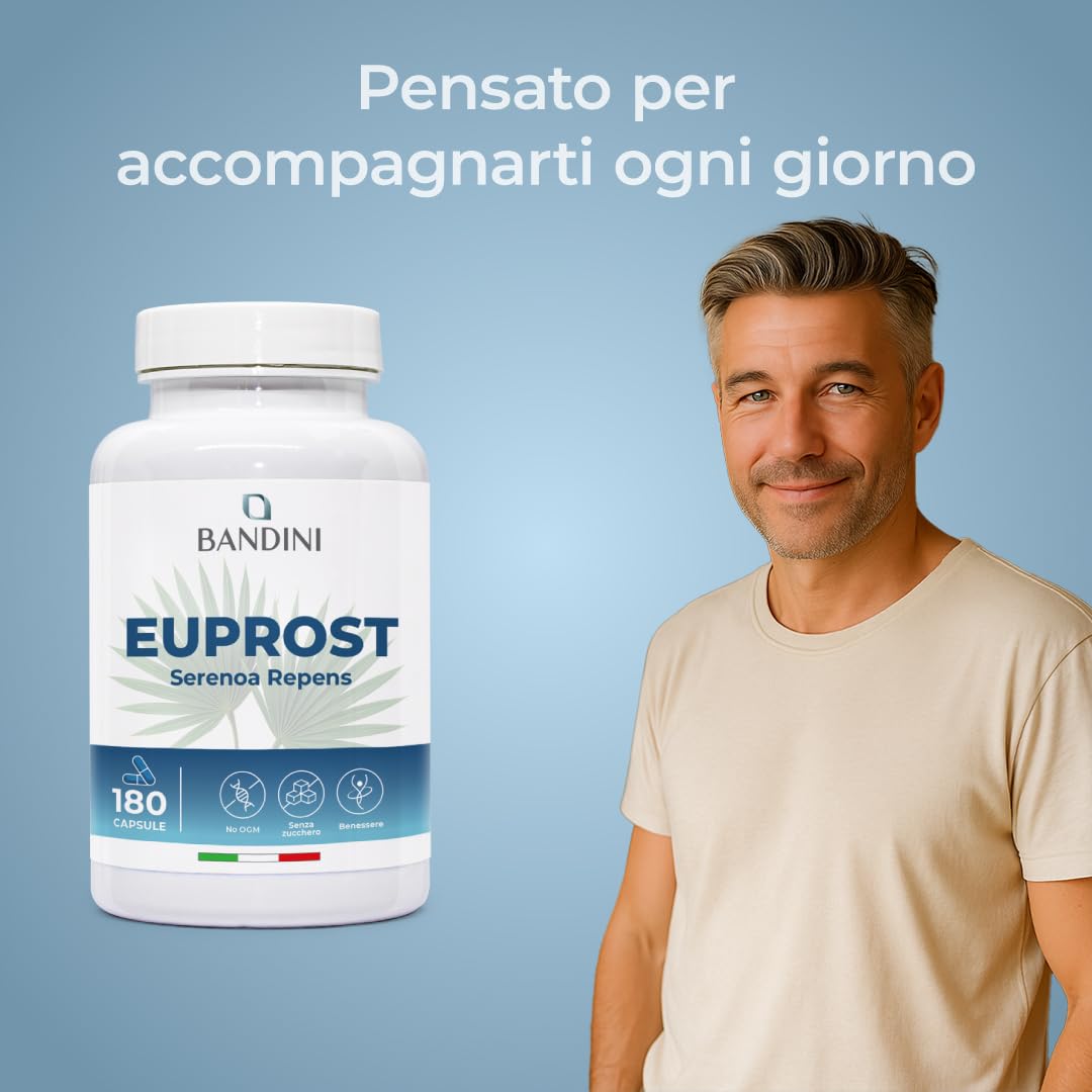 Bandini® Euprost Serenoa Repens 180 Capsule | Scorta 6 Mesi | Saw Palmetto, Semi di Zucca, Ortica, Zinco, Vitamina D3 e B6 | Estratto 20:1 standardizzato al 30% in acidi grassi | Integratore per Uomo
