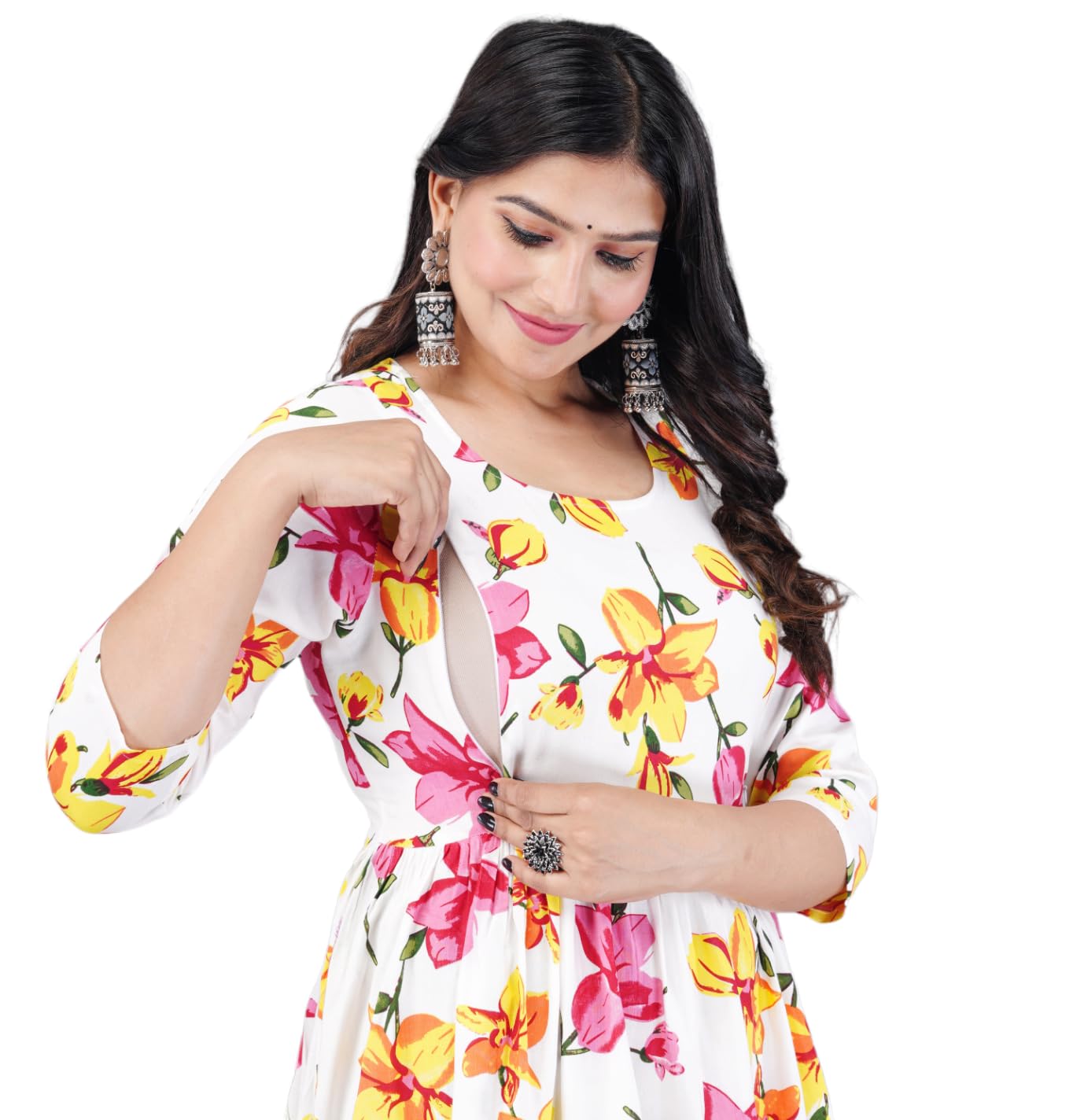 Women's Cotton Printed Maternity Feeding Kurti with Hidden Zip Baby Shower Gown Pregnancy Dresses-image-3