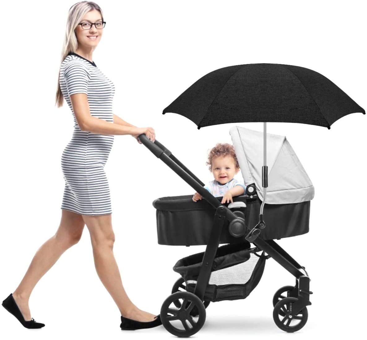 RIOGOO Uniwersalny parasol do wózka dziecięcego, 50+, UV, ochrona przed słońcem, z uchwytem parasola, czarny