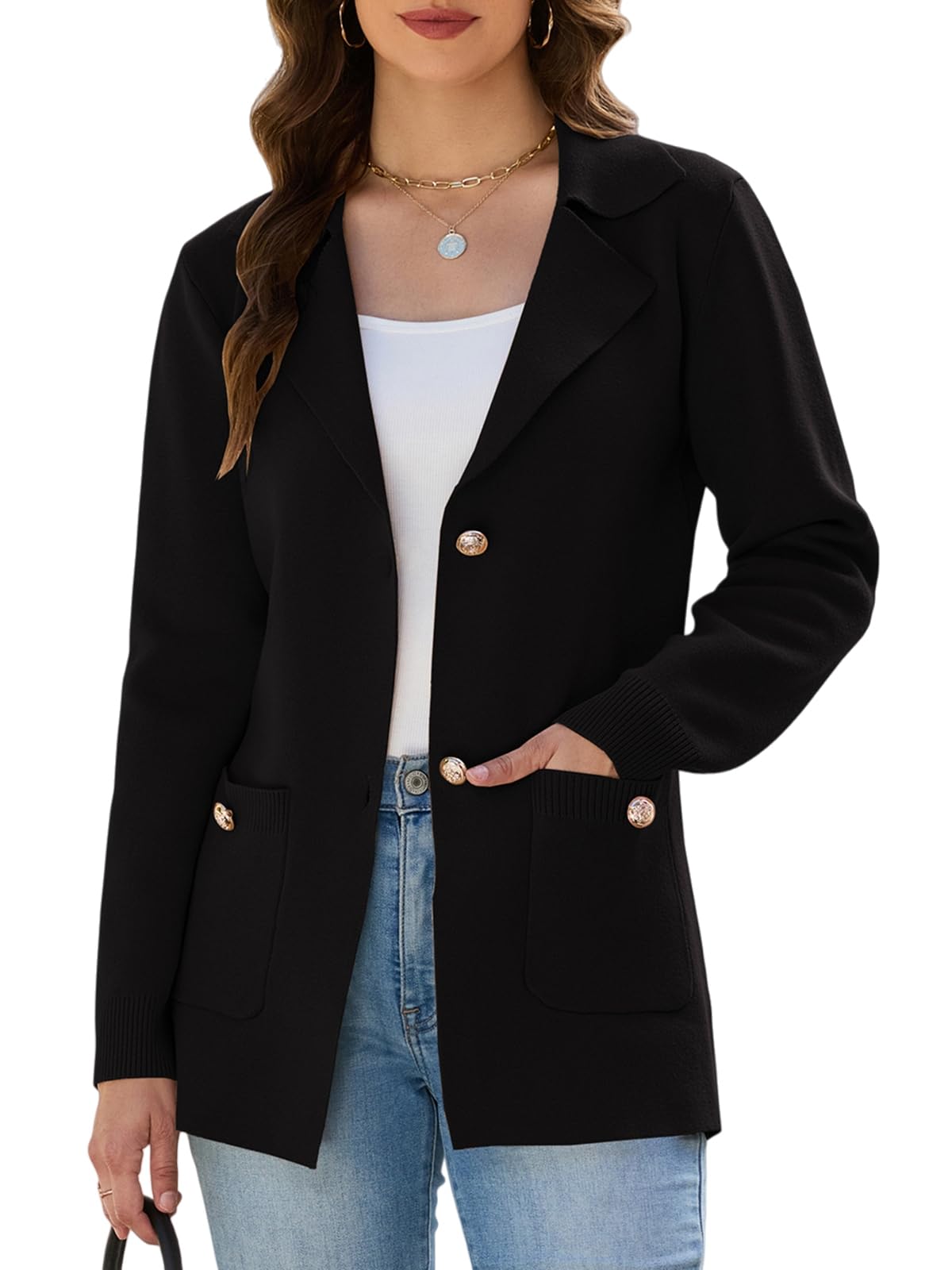 Womens Sweater Blazers Bussiness Casual Jacket Long Sleeve Cardigan Button Front Lapel Suit with Pockets