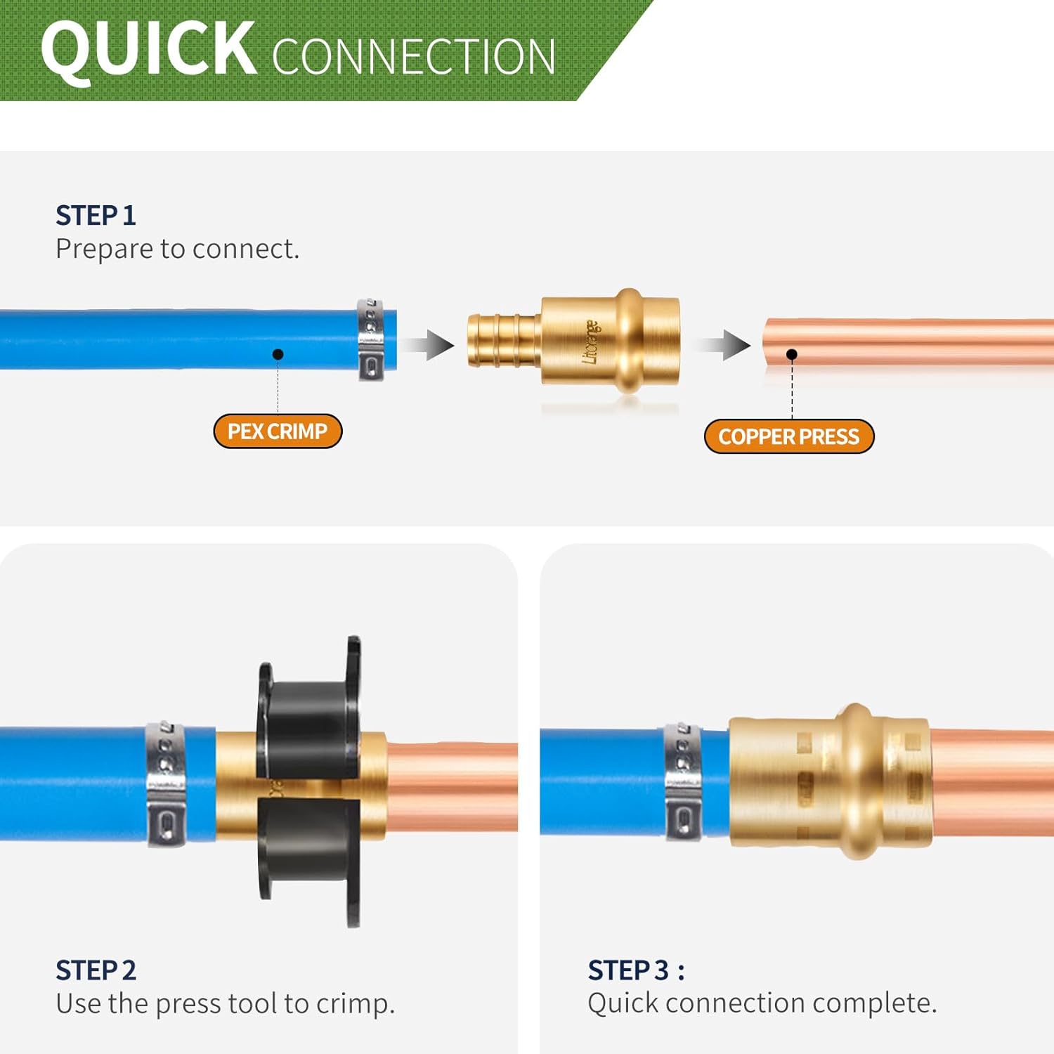 Litorange 15 Pack Lead-Free 1/2" Copper to PEX Adapter, 1/2" Propress Fittings for Quick Connection of Copper Tube and PEX-B Pipe