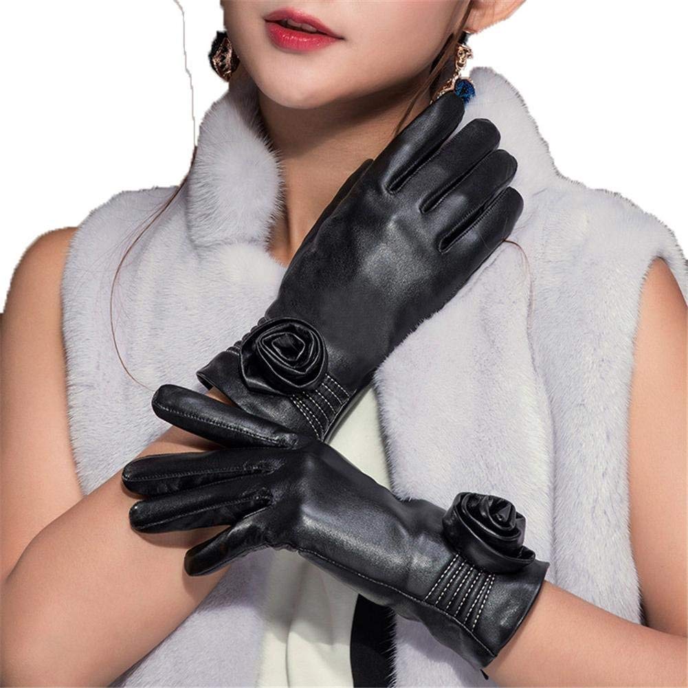 Christmas Decorationwinter Gloves Qiulv Pu Leather Gloves Woman Warm Touch Screen Full Finger Gloves Suede Fashion Thermal Rose Decoration Gloves Velour Line Mittens Female Soft Fleece Cashmere Lined