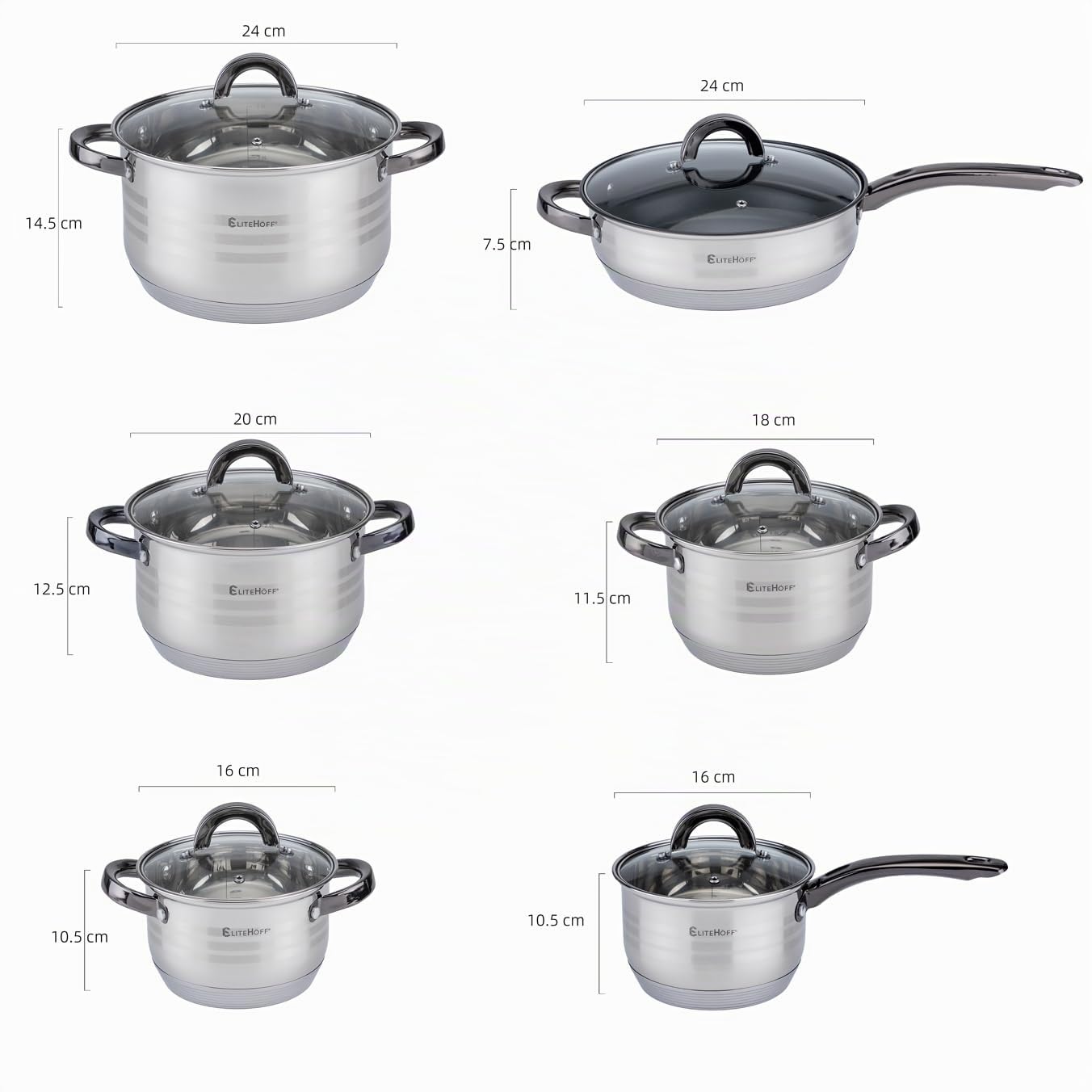 EliteHoff Topfset Induktion, Kochtopf Set mit Glasdeckel, 7-lagiger Edelstahl Topf und Pfannenset mit Deckel, Griffe in Schwarz, Kochgeschirr Set für alle Herdarten (12-teilig)