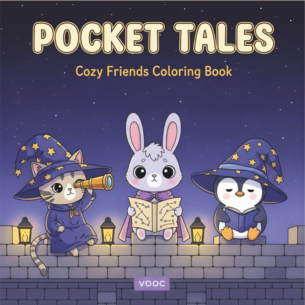 Pocket Tales: Cozy Friends Coloring Book Featuring Cute Kawaii Animal Characters in Magical Whimsical Fantasy Scenes for Relaxation and Stress Relief