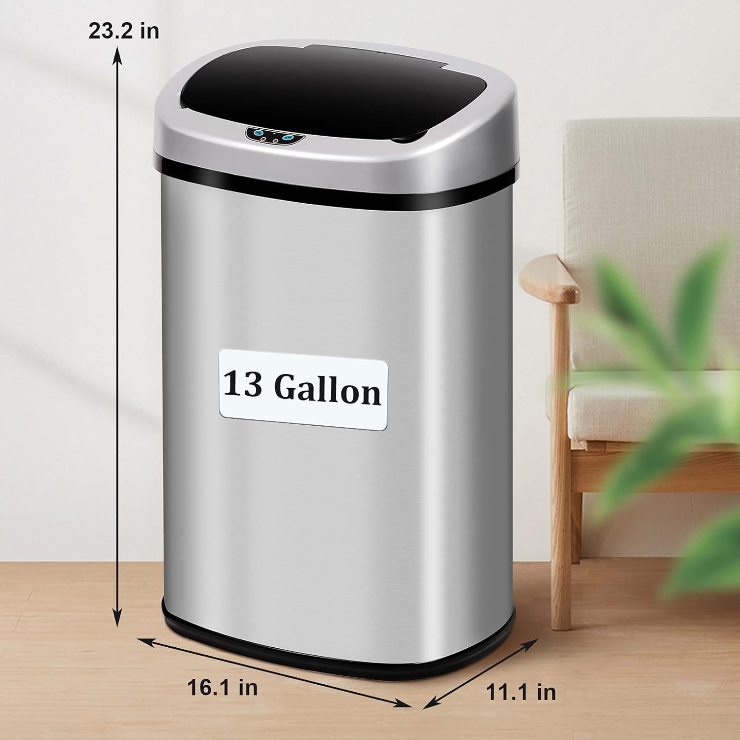 Kitchen Trash Can Automatic Touch Motion Sensor Garbage with Close Slowly, Stainless Steel Bin Lid, Waste for Bathroom Bedroom, 13 Gallon / 50 Liter, Silver, 16.1x11.1x23.2''