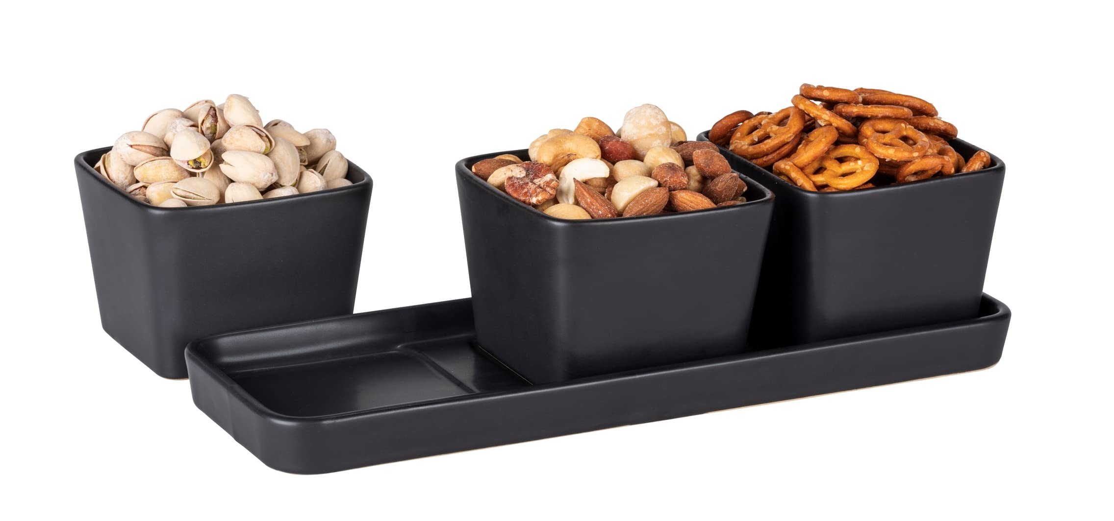Wenko Ciotole per snack e salse, set 4 pezzi, piccolo vassoio con 3 ciotoline 300 ml in ceramica di qualità, accessorio Black Outdoor Kitchen per tapas, snack e fingerfood, 30x10x8 cm, nero, 55022100