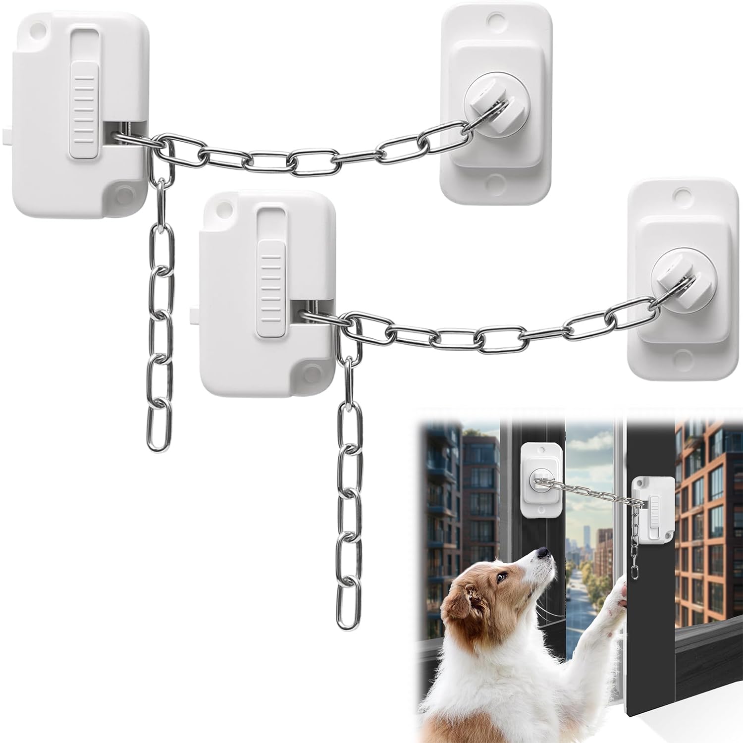 KIMHOME 2Pcs No Drill Window Locks, Multi-Purpose Chain Lock for Windows and Doors, Adjustable Window Lock for Home, Easy to Install for Windows, Doors, Cupboards and Drawers