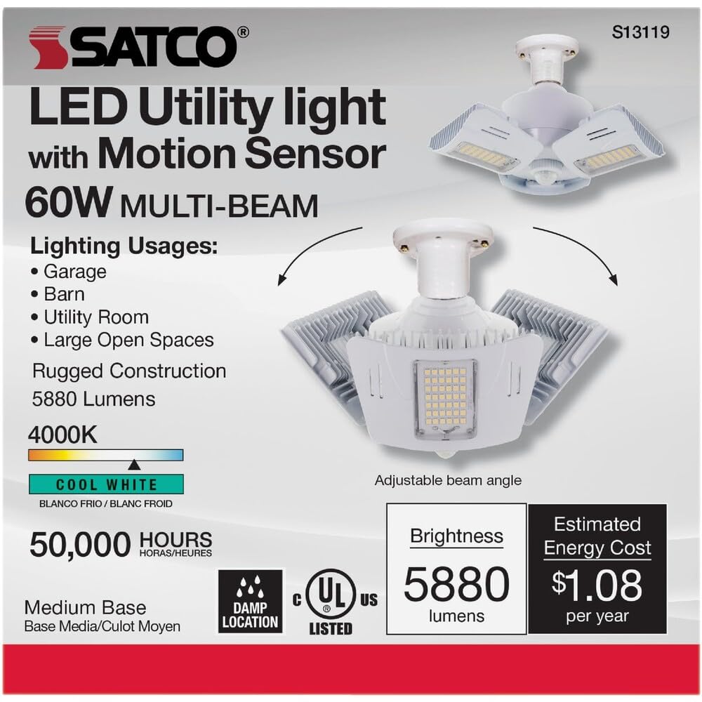 Satco S13119 - Luz de utilidad LED ajustable multihaz, 21,9 x 11 cm, 60 vatios/277 voltios, blanco frío, con sensor de movimiento integrado