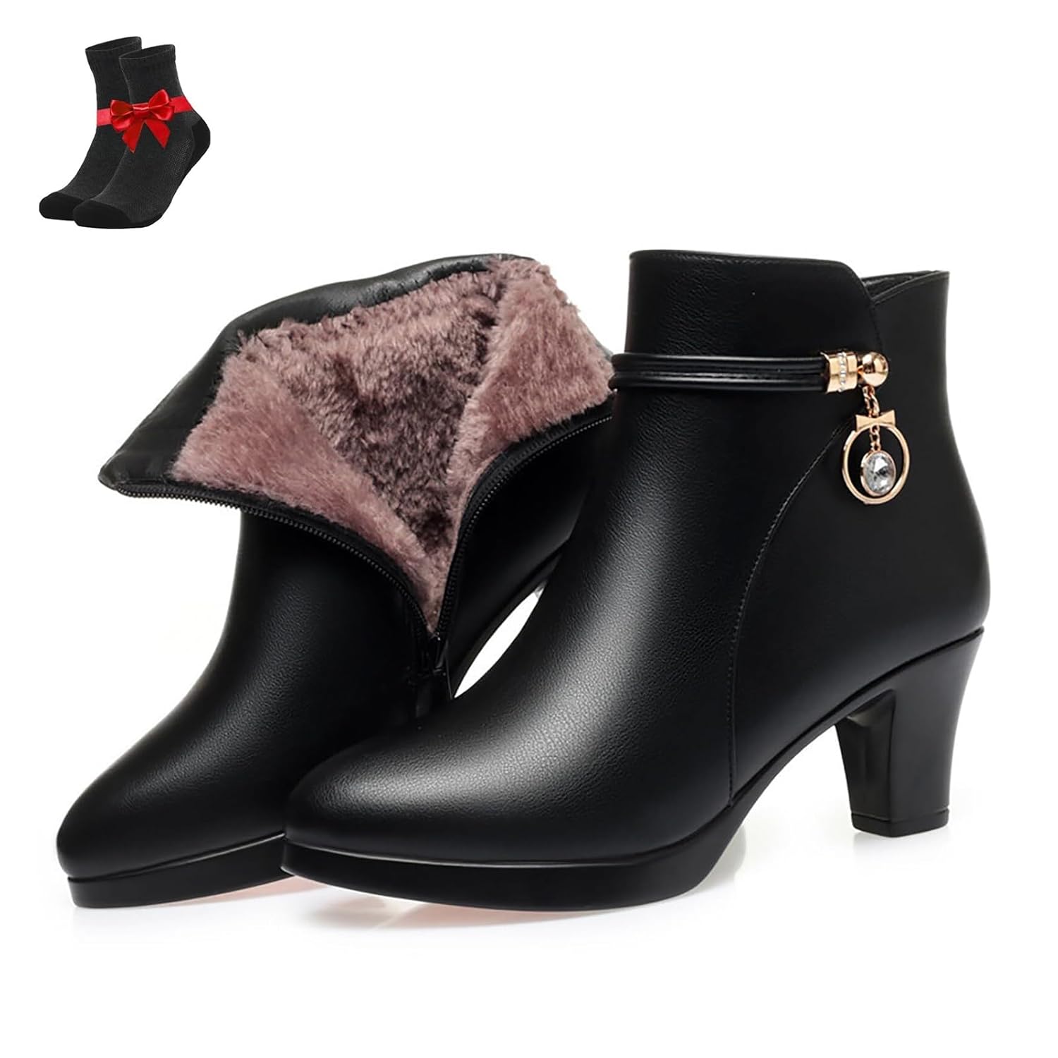 Womens Leather Mid Block Heel Ankle Boots Side Zipper Chunky Heels Snow Boots Fashion Rhinestones Buckle Decor