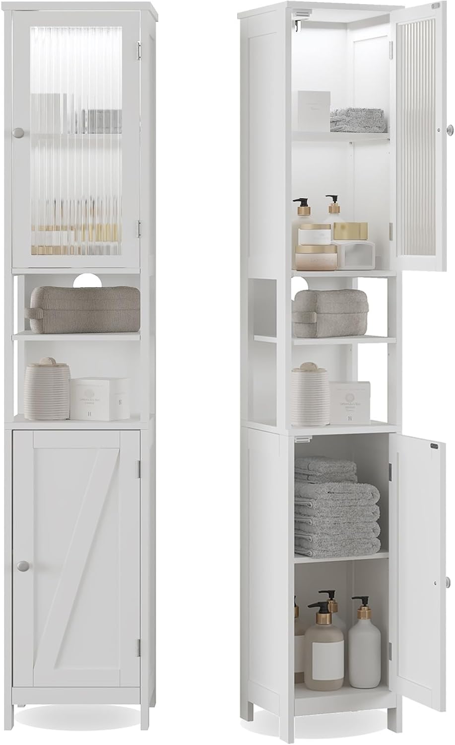 ChooChoo Tall Bathroom Storage Cabinet with Light, 5-Tier Narrow Bathroom Cabinet with 2 Doors, Slim Storage Linen Cabinet Freestanding with Adjustable Shelves for Space Saving, White