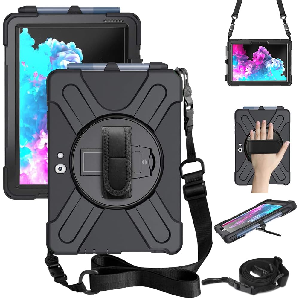 Microsoft Surface Go 2 / Surface Go Case with Hande Hand Strap Stand Pen Holder Shoulder Strap, Heavy Duty Rugged Silicone Shockproof Case for Surface Go 2 10.5 Inch 2020/Surface Go 10 Inch 2018 Black
