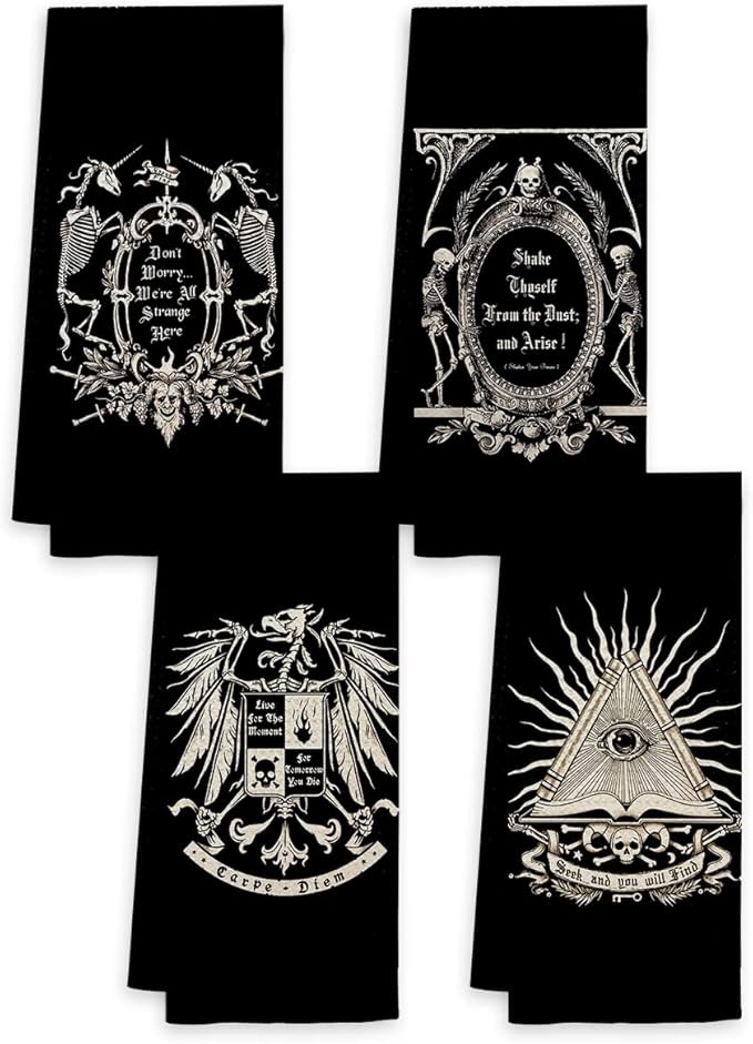 Voatok Dark Memento Mori The Undead Gothic Macabre Art Kitchen Towels Dish Towels Set of 4,Gothic Skull Halloween Kitchen Hand Towels,Skull Lovers Gifts,Tarot Lovers Gifts