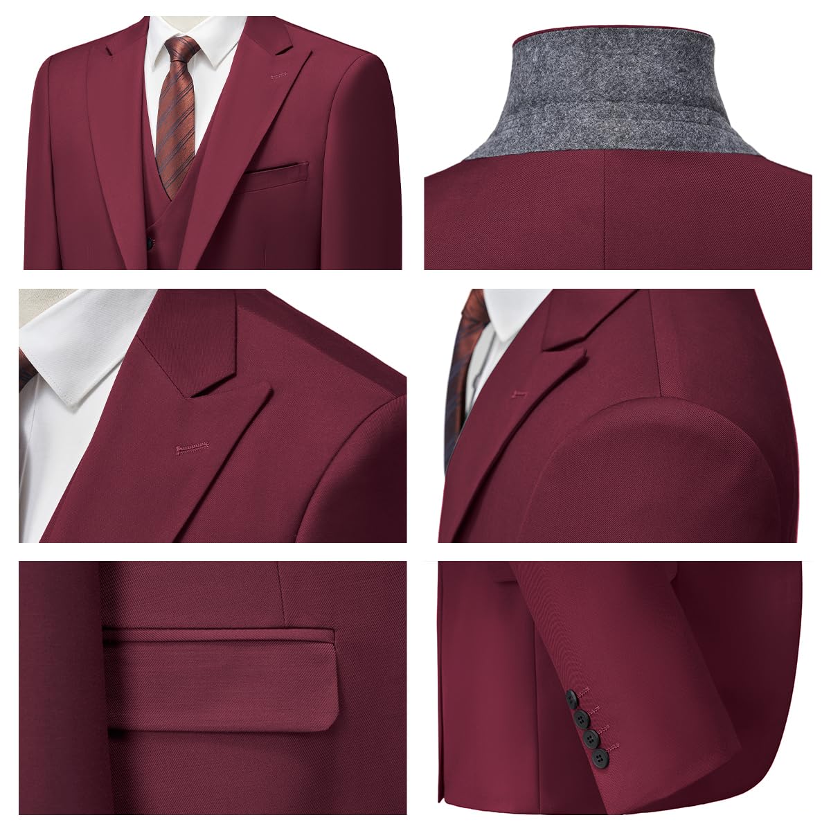 MODFUL Costume 3 pièces pour homme - Coupe ajustée - Avec un bouton - Blazer de mariage - Gilet et pantalon