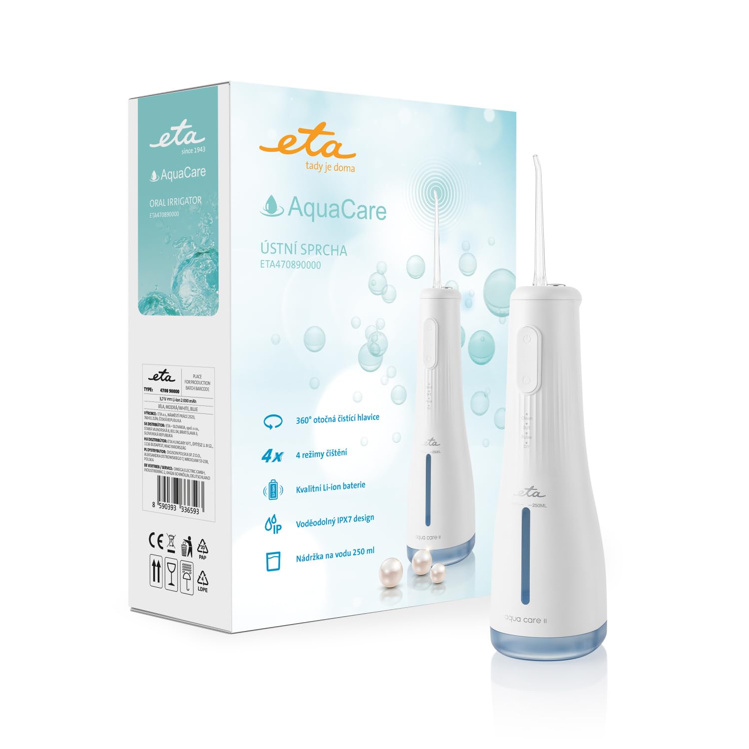 ETA Irrigador bucal AquaCare II, 4 modos y 3 boquillas, batería de iones de litio de 50 min, depósito de agua de 250 ml, IPX7, resistente al agua, recargable por USB, color blanco