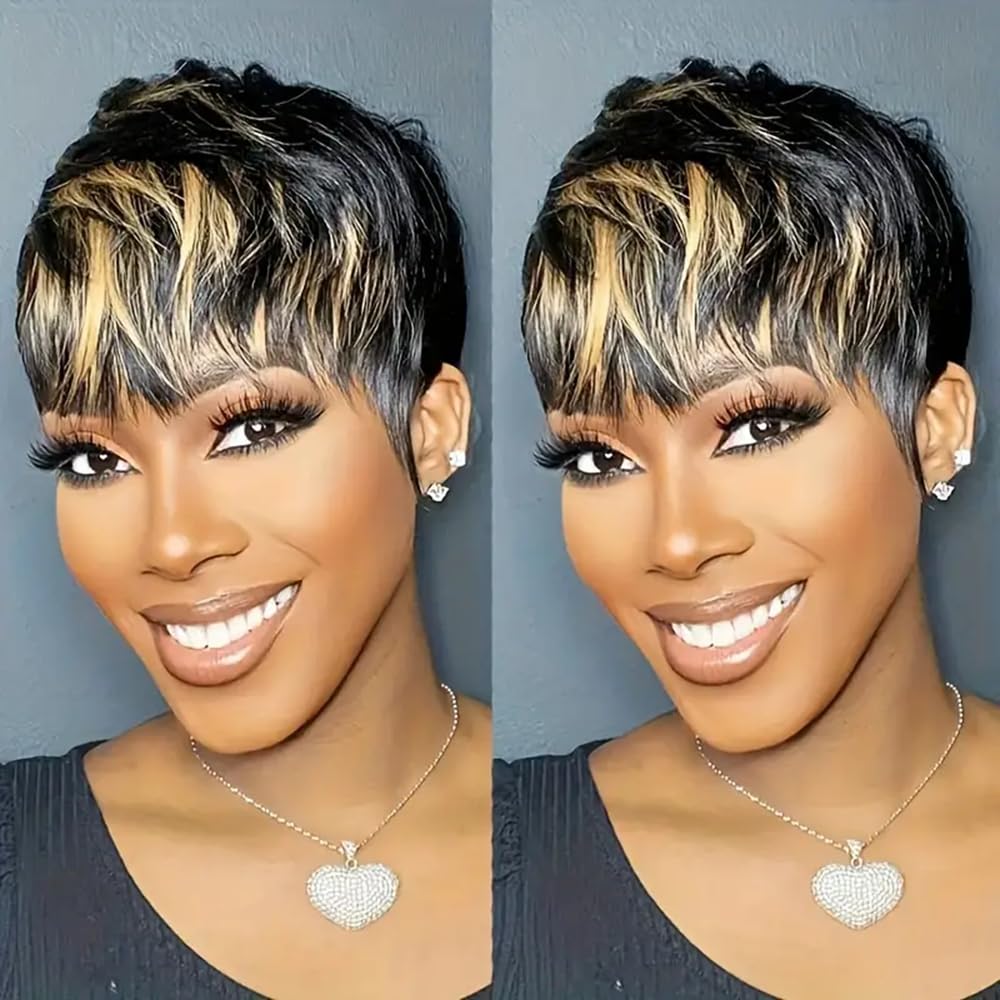 QiaQiaRing Pixie Cut Wigs For Black Women Human Hair 1B30 Color Brazilian Virgin Remy Human Hair Short Layered Pixie Wigs with Bangs Glueless Wear and
