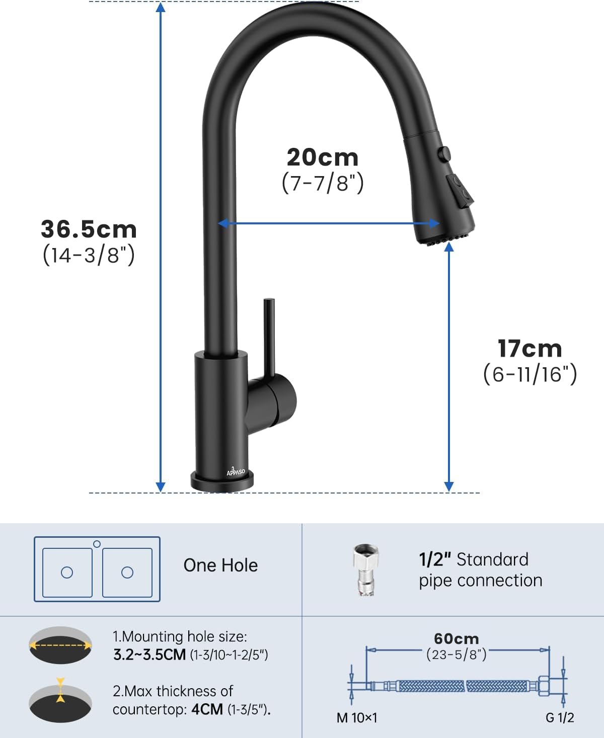 APPASO Robinet de cuisine noir avec douchette extractible, robinet d'évier pivotant à 360° avec 3 modes de pulvérisation I en acier inoxydable noir