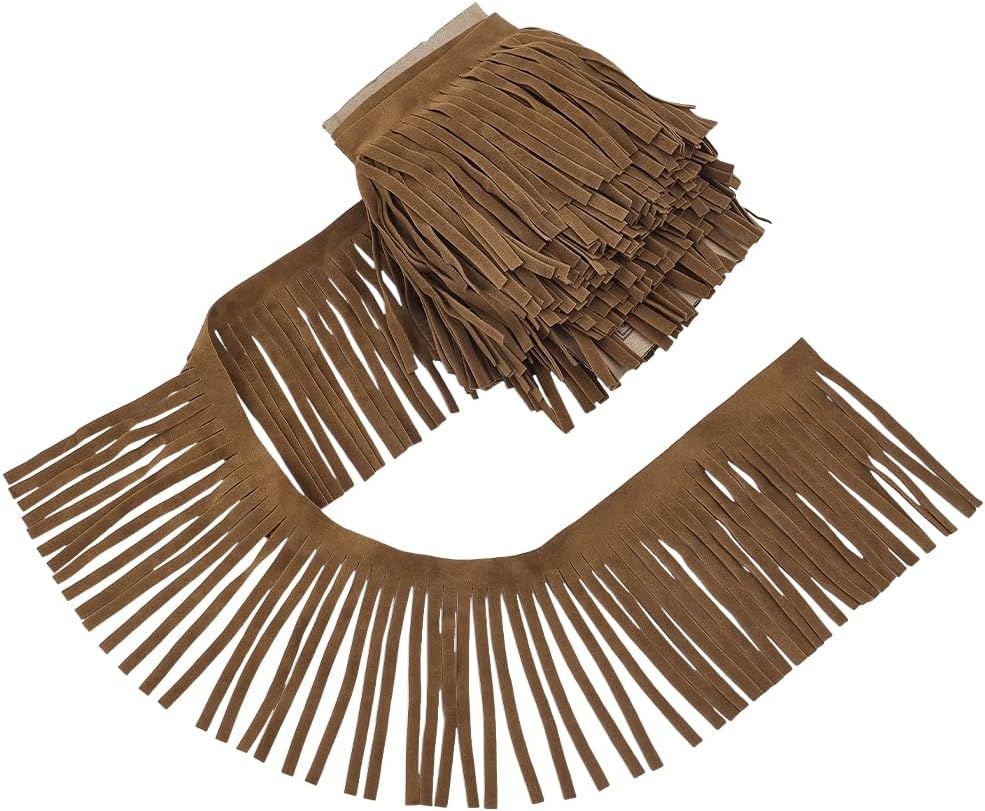 FINGERINSPIRE 4.37 Yard PU Leather Suede Fringe Trim 3-7/8 inch Wide Camel PU Leather Double Side Sewing Tassel Fringe Trim for DIY Craft Clothing Handbag Sewing Dress Crafts Embellishment Decoration