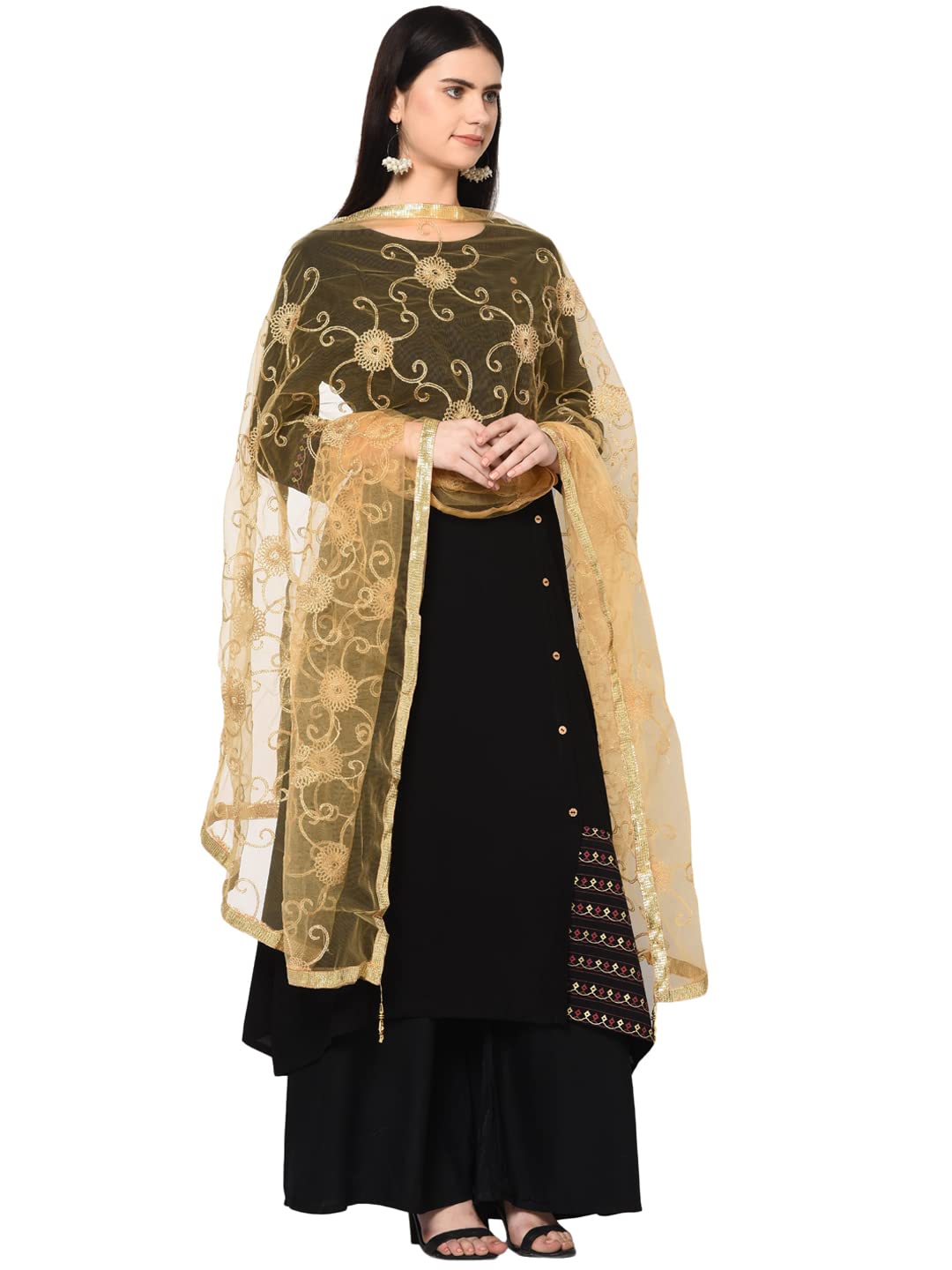 Weavers Villa Women's Net Floral Golden Embroided Dupatta, Chunni (White), 2.25 Mtrs