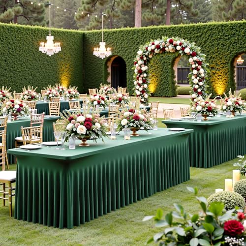 Image of 2 pk Hunter Green Spandex Tablecloth for 6 Foot Rectangle Tables, Wrinkle Free Fitted Spandex Table Covers 6ft Green Stretch Table Cloths with Ruffle Skirt for Parties Weddings Banquet Baby Shower