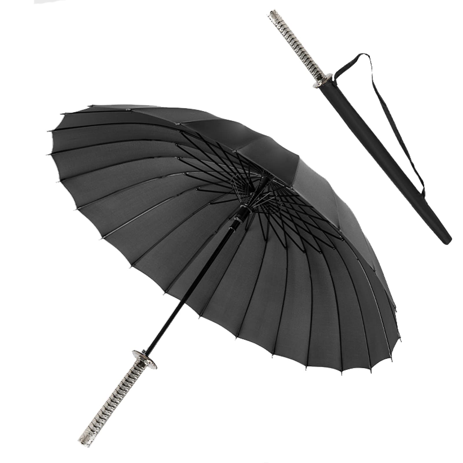 ZXF Regenschirm mit Metall langem Griff, Samurai-Schwert für den Außenbereich, Sonnen- und Regen-Regenschirm, Winddicht, wasserdicht, Anime-Motiv, schwarz, gerade