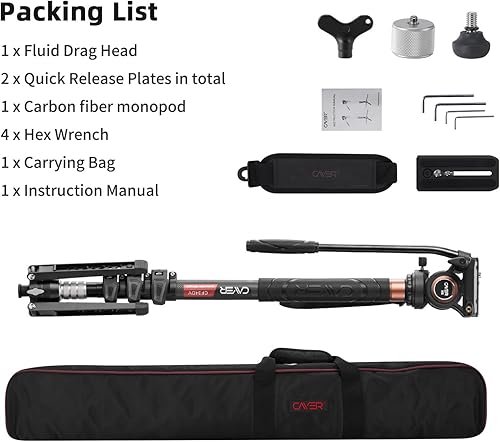 Miniatura 8 de Cayer Soporte de cámara monopié, kit de monopies telescópicos de fibra de carbono con cabezal fluido de video y base de soporte plegable, 1 placa