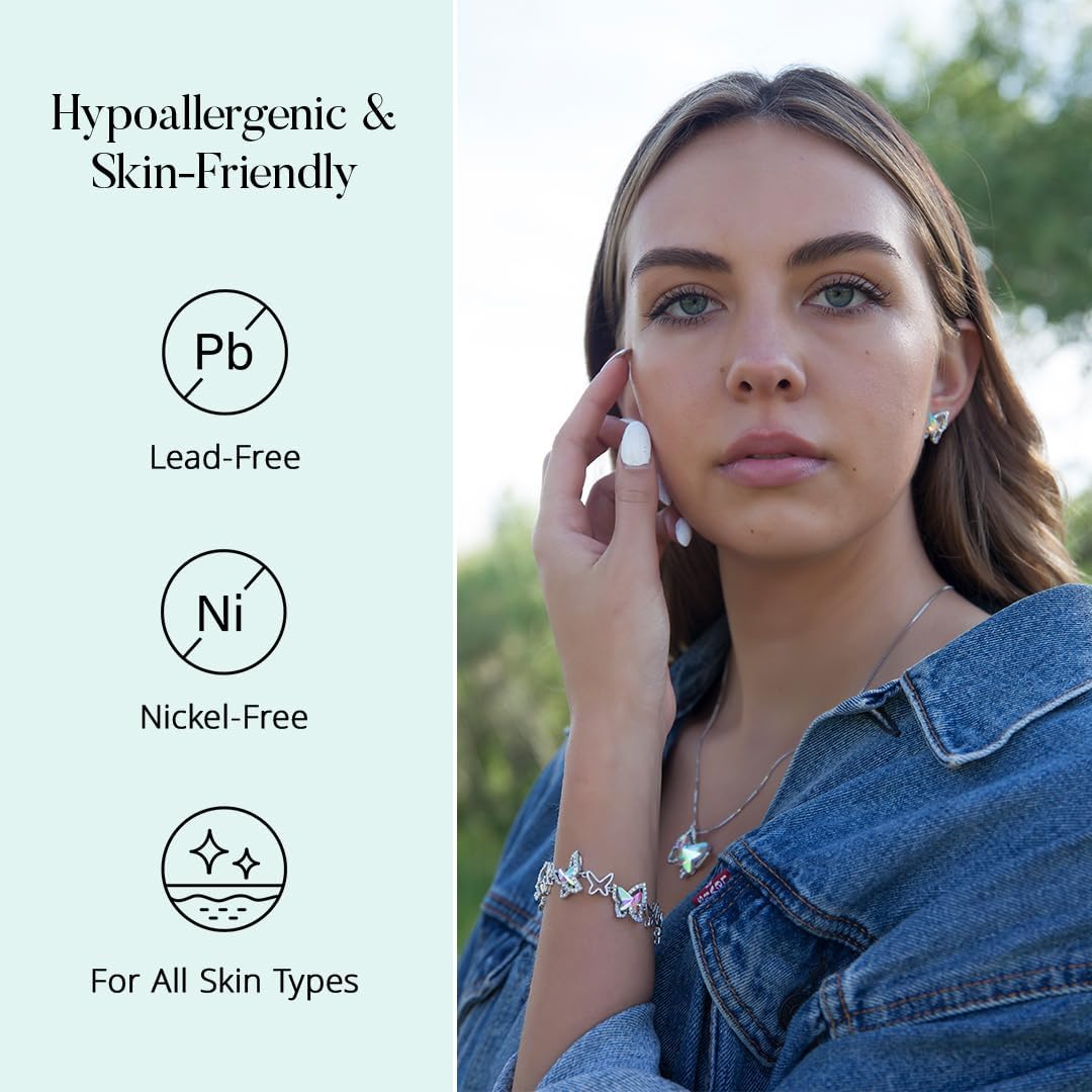 Valentine's Day Gift For Women Butterfly Crystal Stud Earrings with Premium Birthstone, Silver-Tone - Image 4