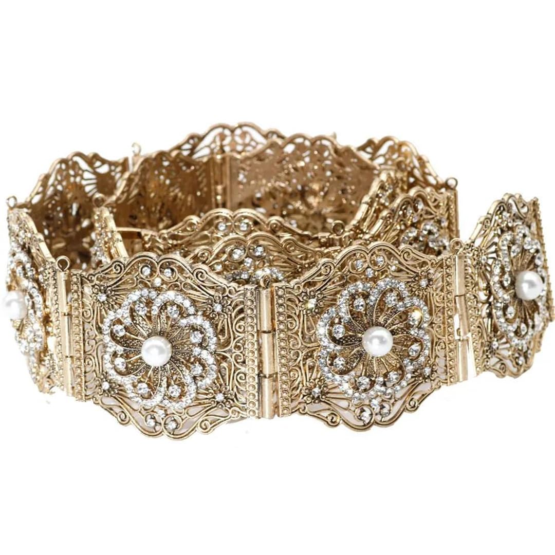 Wvapzxx Cinturón de metal para mujer, color dorado envejecido, con diamantes de imitación y perlas artificiales, estilo marroquí