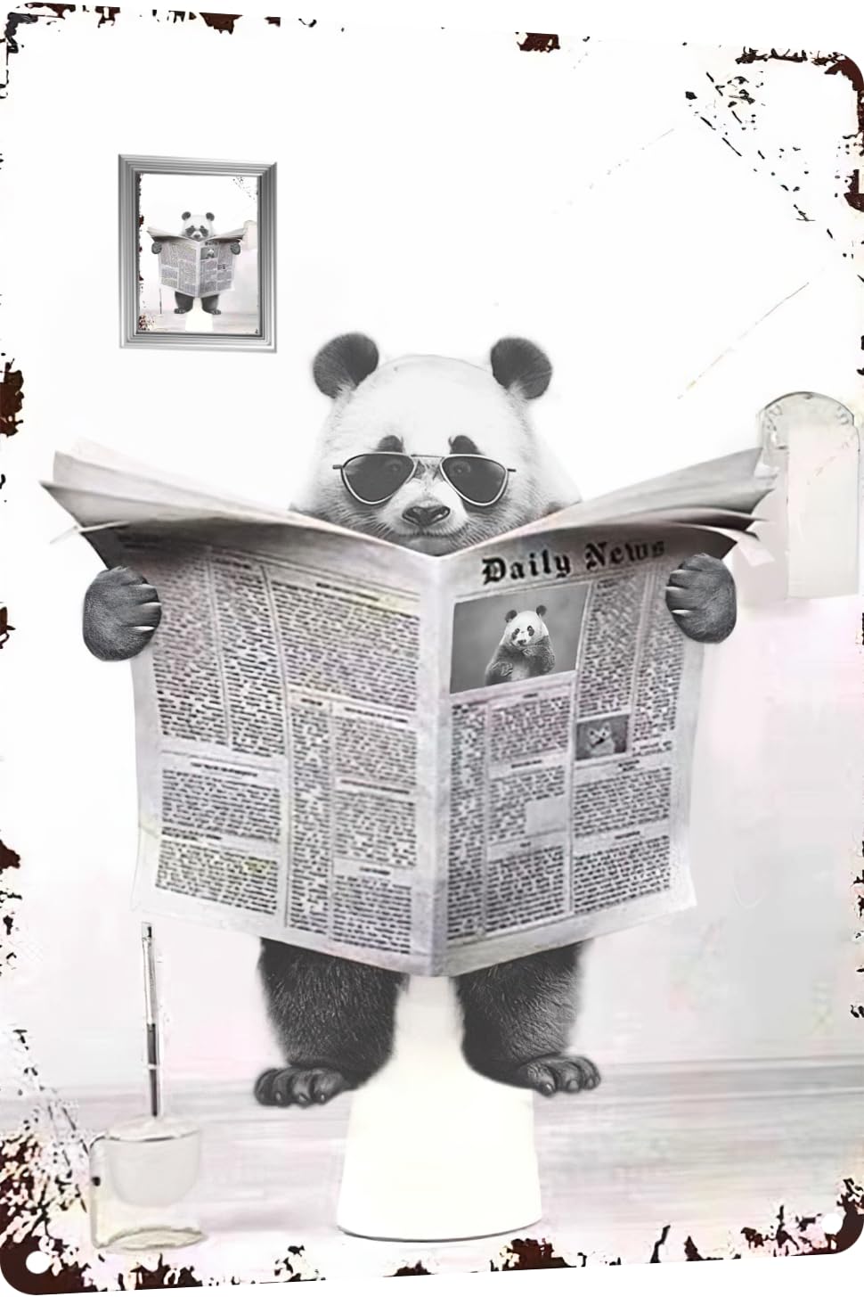 TopPacific Metal Tin Sign Vintage Panda Toilet Reading Newspaper Humour Funny Animal Whimsy Animal for Home, Bathroom and Toilet Wall Decor 12x8 Inches(807)