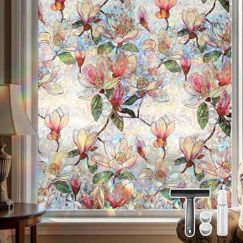 Qualsen Vinilos para Cristales Efecto Arcoiris Vinilo Ventana Privacidad Patrón de Flor de Magnolia Electrostática Decorativos Vinilo Cristal Anti UV No Adhesivo Lámina para Hogar Bano 30x100cm
