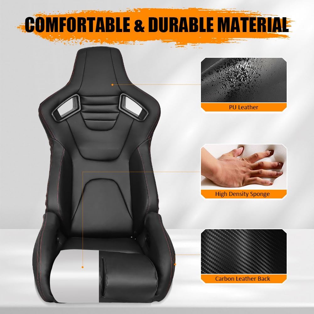 Universal Racing Seat, Adjustable Reclining Bucket Seat with Slider, PU & Carbon Leather Thigh Support Sport Seat for Driver Side, Black with Red Stitch