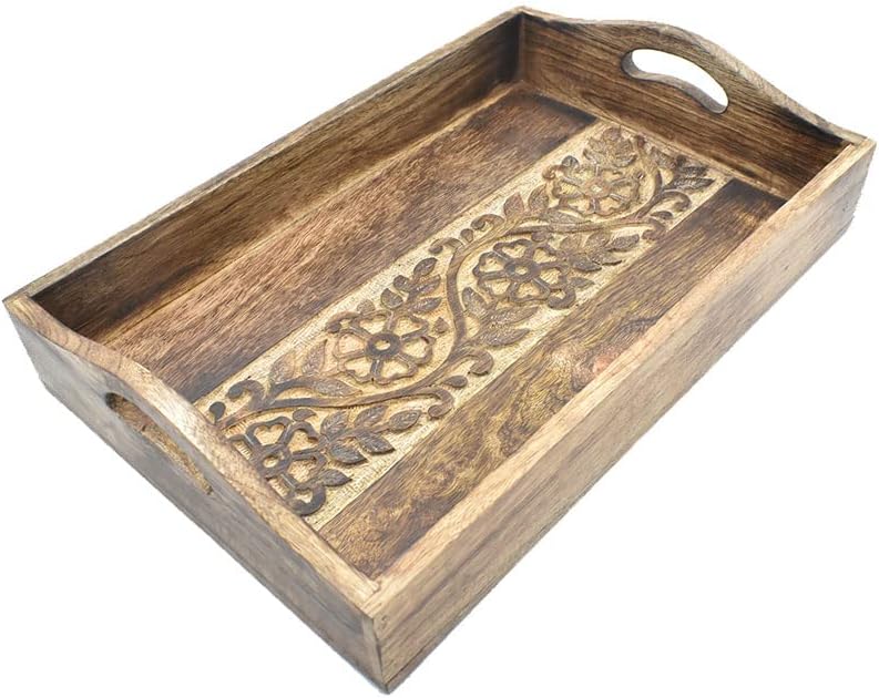 STORE INDYA Rustic Large Wooden Serving Tray Platter for Tea Snack Dessert with Handle Hand Carved Floral Design. Kitchen Dining Serve-Ware Accessories 14 x 10 Inches