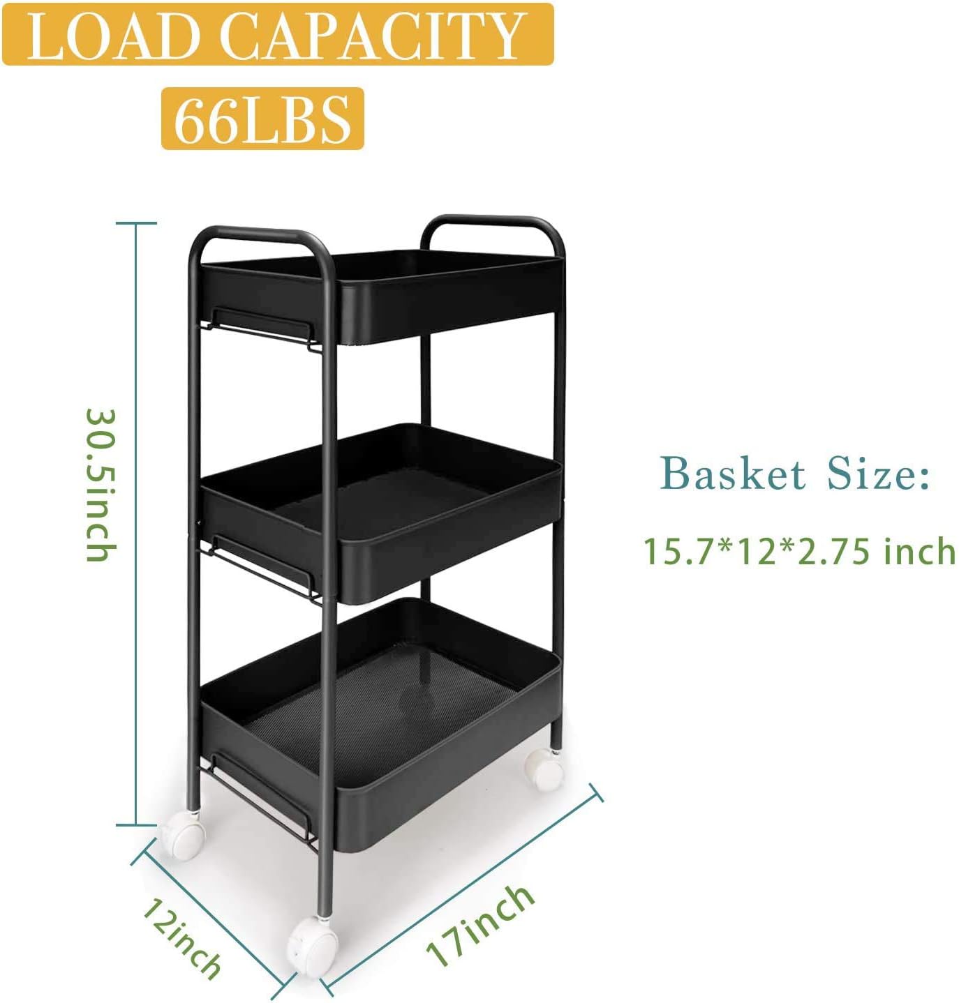 3 Tier Rolling Utility Cart, No Screw Metal Storage Cart, Kitchen Storage Organizer Cart, Easy Assemble Utility Serving Cart with Wheels and Hooks for Office, Kitchen, Bedroom (Black)